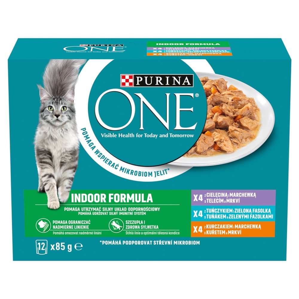 Purina ONE Indoor výběr vlhkého krmiva pro kočky - telecí, tuňákové, kuřecí 12 x 85 g