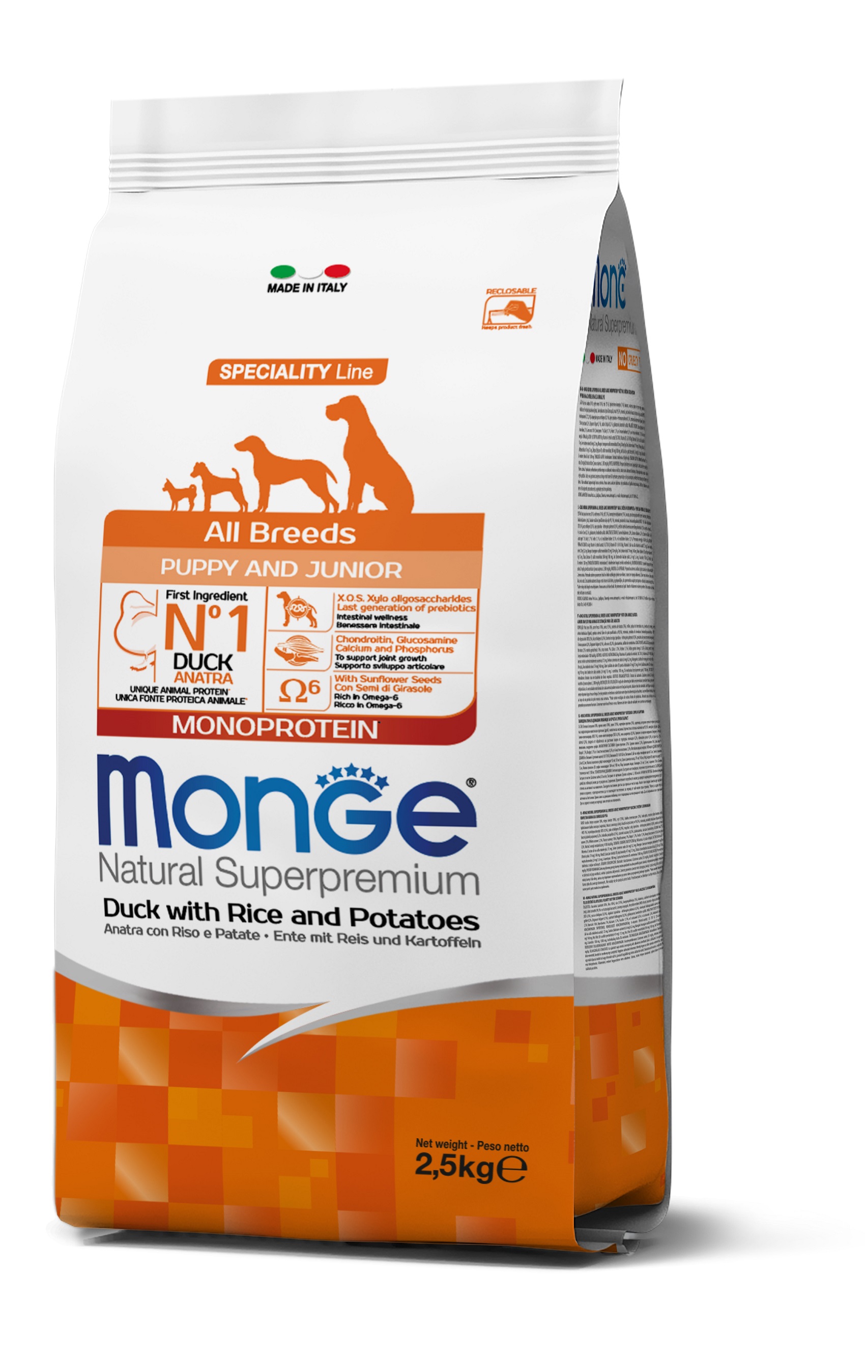 Monge Speciality Line All Breeds Puppy & Junior Monoprotein suché krmivo pro psy - kachní, rýže a brambory 2,5 kg