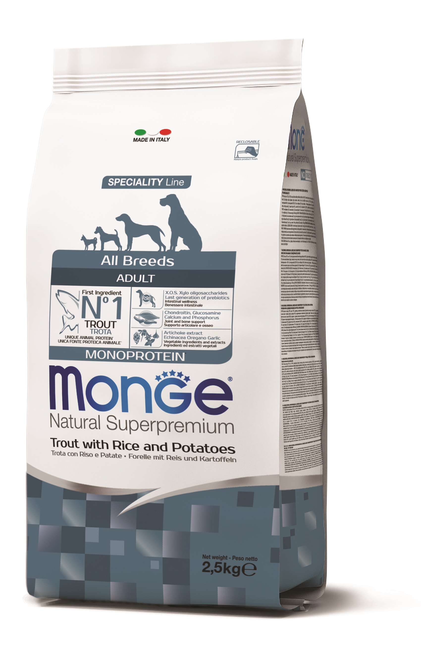 Monge Speciality Line All Breeds Adult Monoprotein suché krmivo pro psy - pstruh, rýže a brambory 2,5 kg
