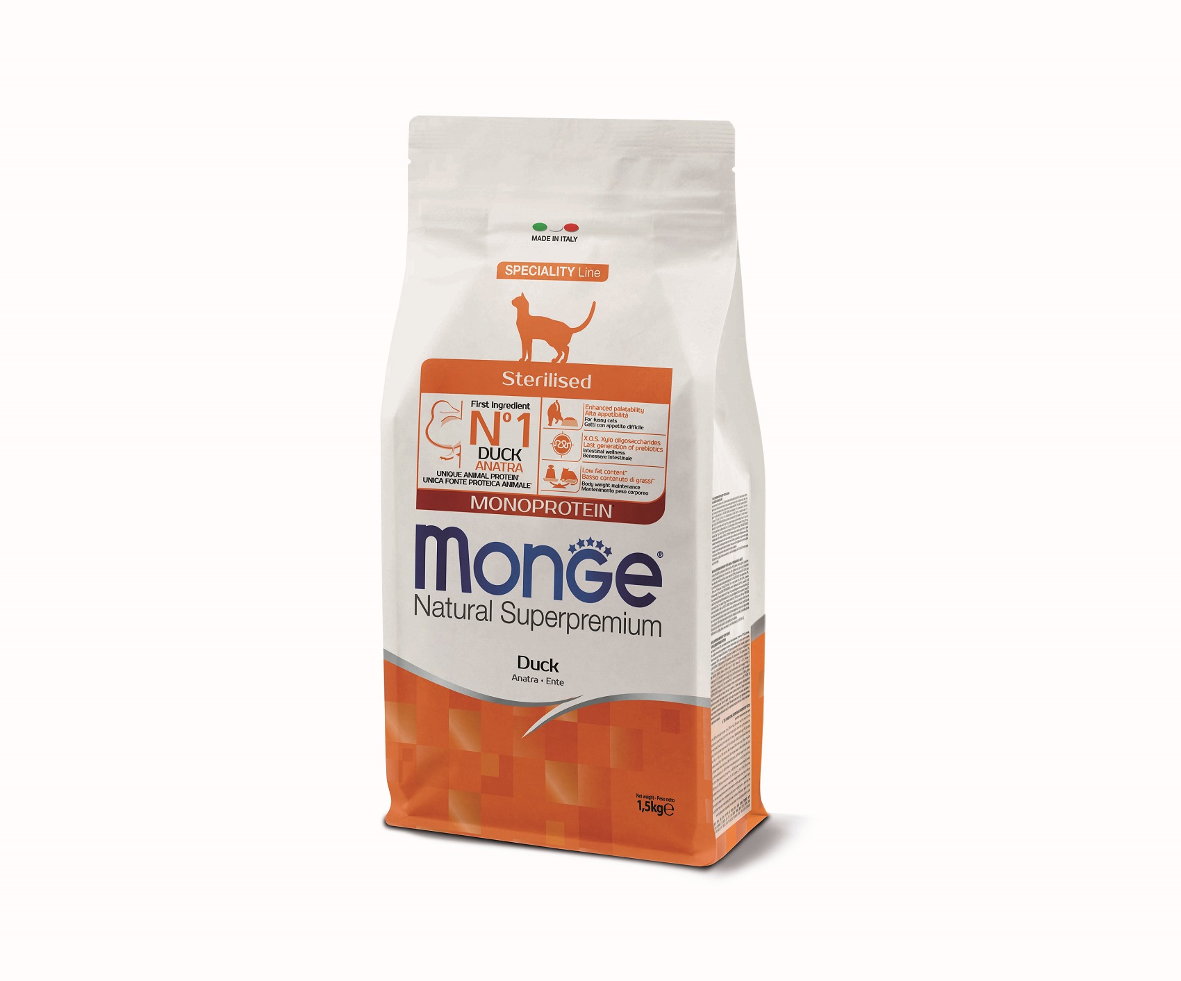 Monge Cat Monoprotein Sterilised suché krmivo pro kočky - kachna 1,5 kg
