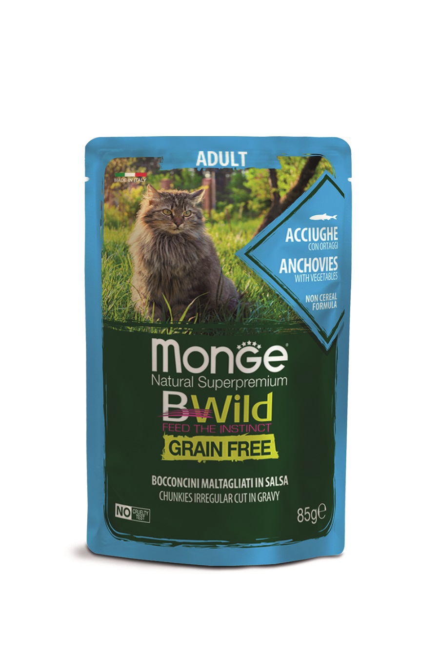 Monge BWild Grain Free Adult vlhké krmivo pro kočky - ančovičky se zeleninou 85 g