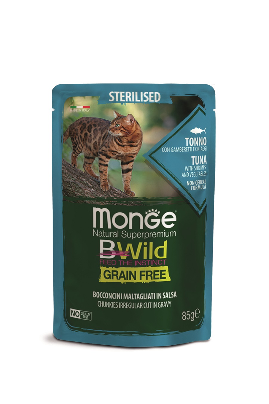 Monge BWild Grain Free Sterilised vlhké krmivo pro kočky - tuňák s krevetami a zeleninou 85 g