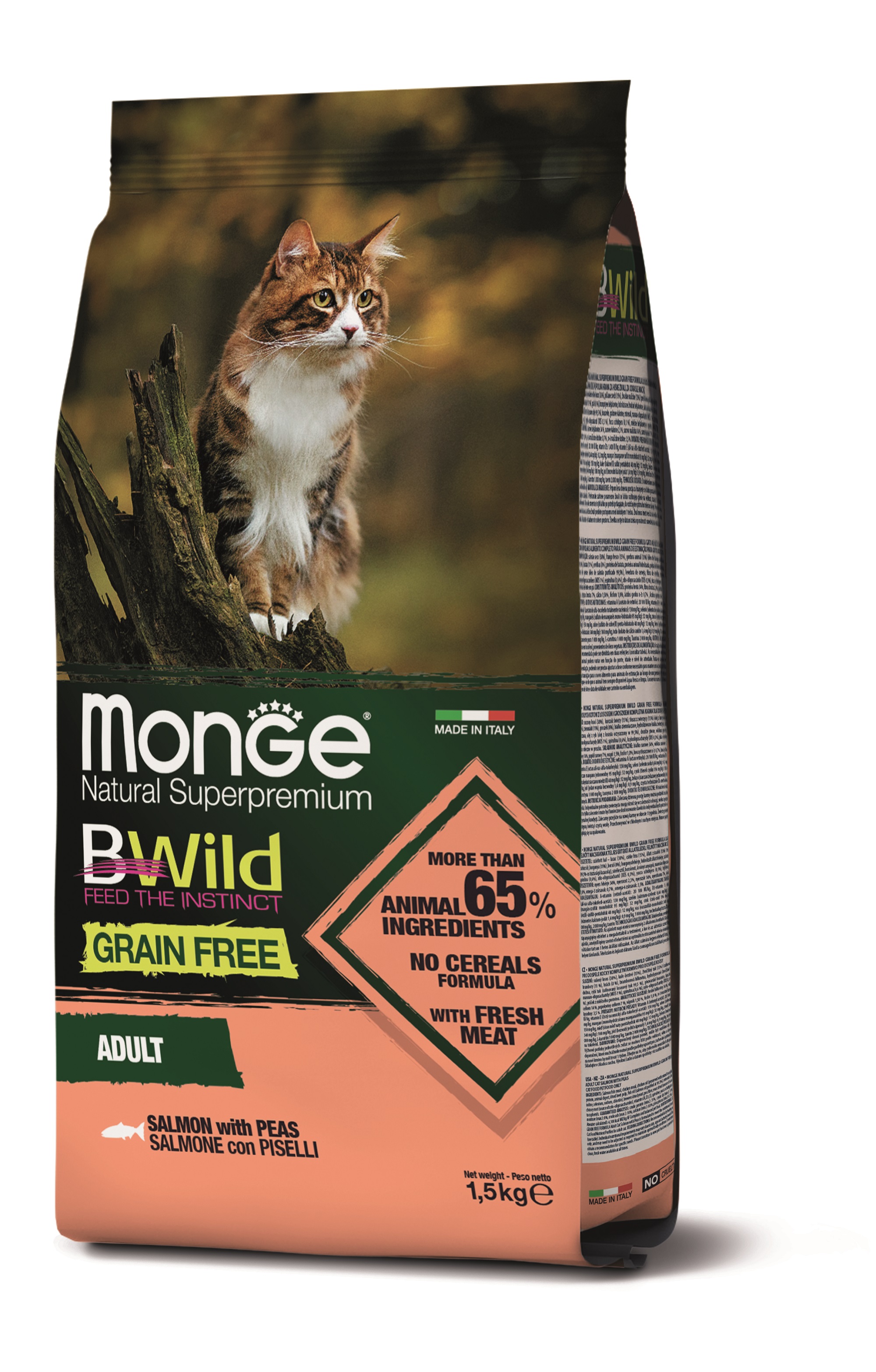 Monge BWild Grain Free Adult suché krmivo pro kočky - losos, hrášek 1,5 kg