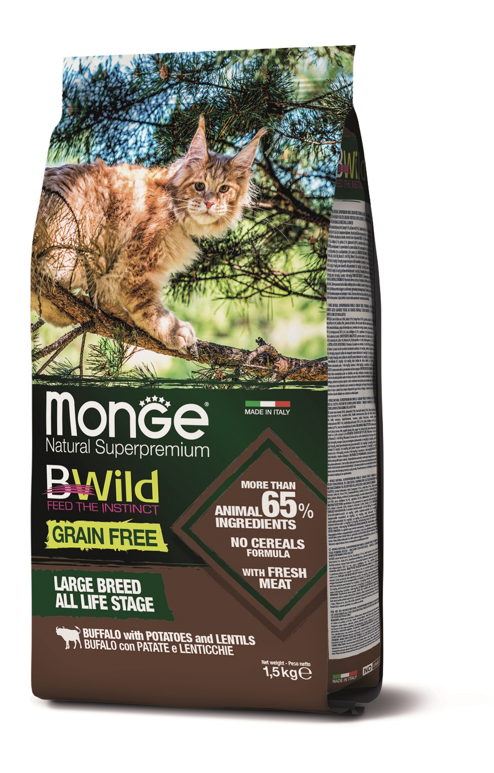 Monge BWild Grain Free suché krmivo pro velké kočky - buvol, brambory, čočka 1,5 kg