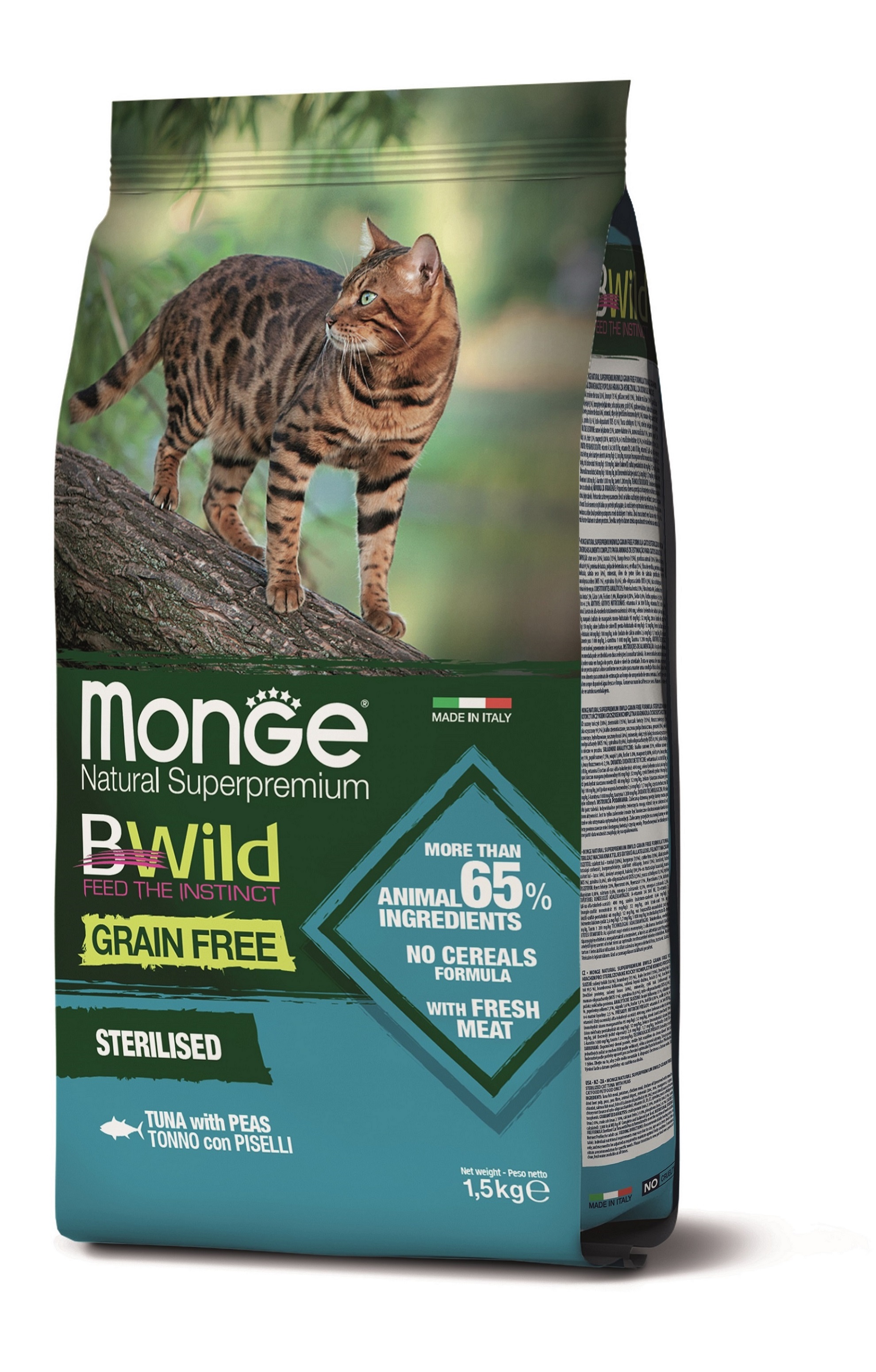 Monge BWild Grain Free Sterilised suché krmivo pro kočky - tuňák, hrášek 1,5 kg