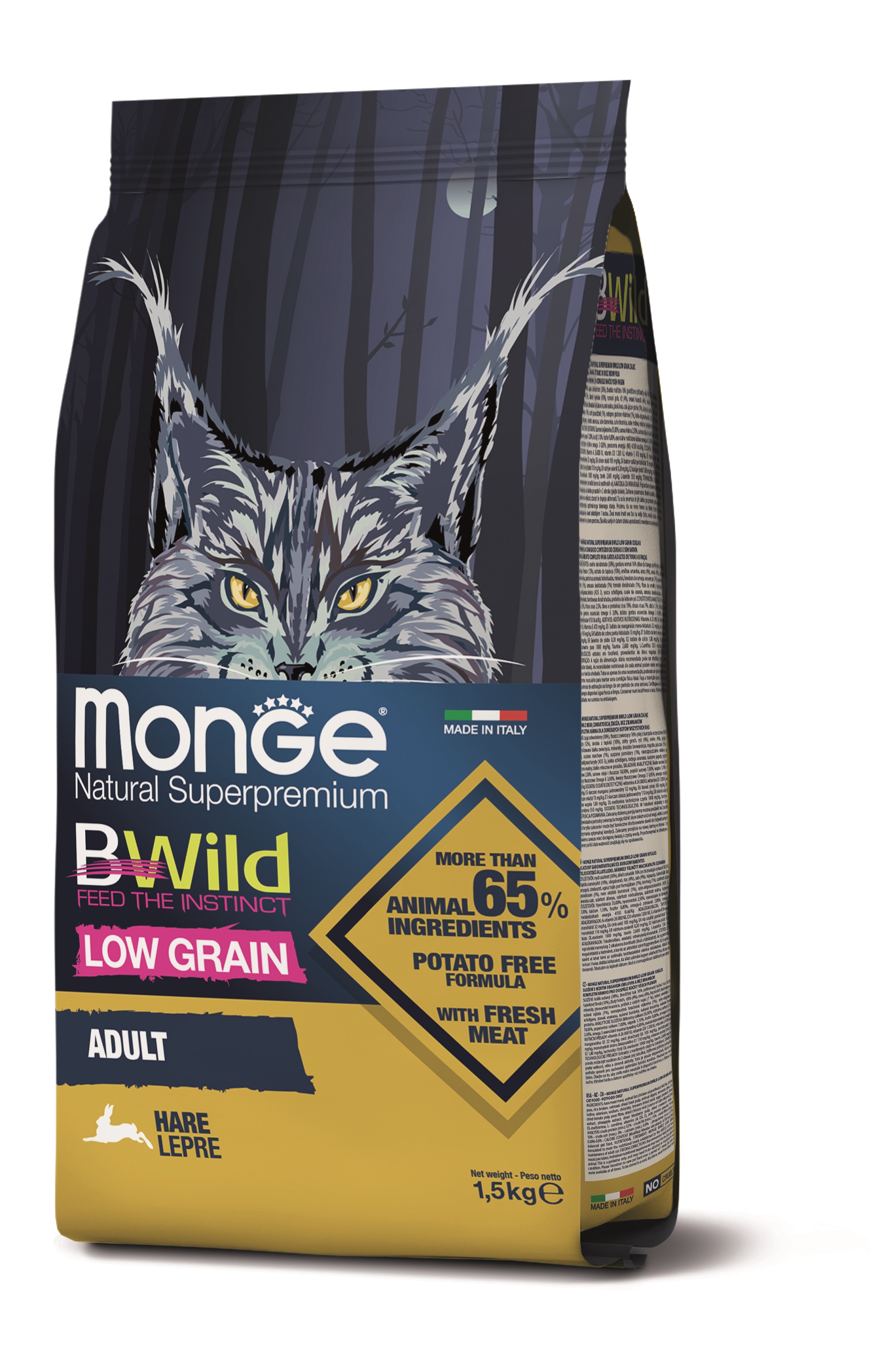 Monge BWild Low Grain Adult suché krmivo pro kočky - zajíc 1,5 kg