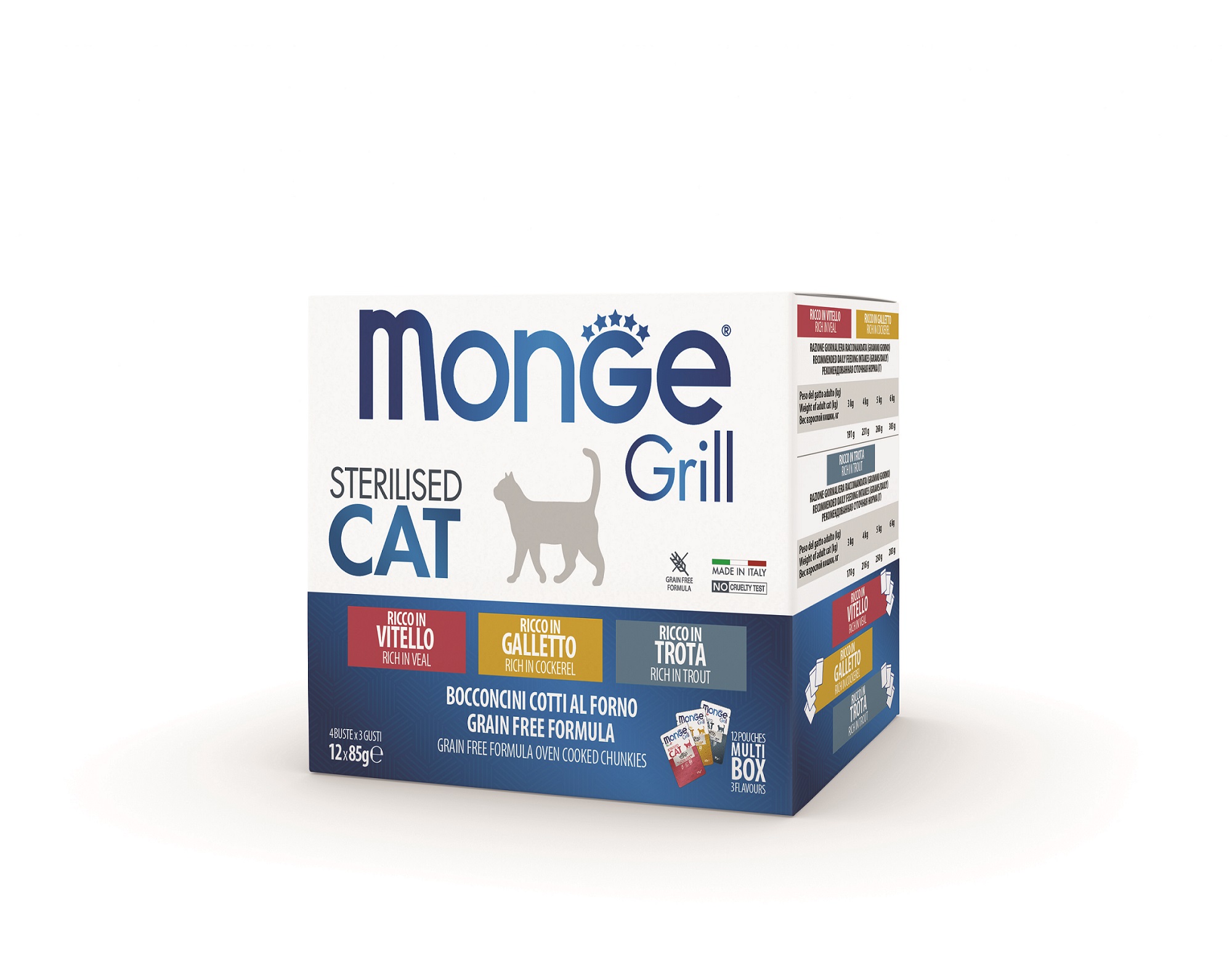 Monge Grill Sterilised smíšená sousta pro kočky - telecí/kohoutí/pstruh 12 x 85 g