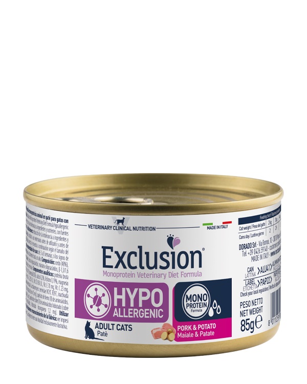 Exclusion Monoprotein Vet Diet Hypoallergenic Cat conservă - porc, cartofi 85 g