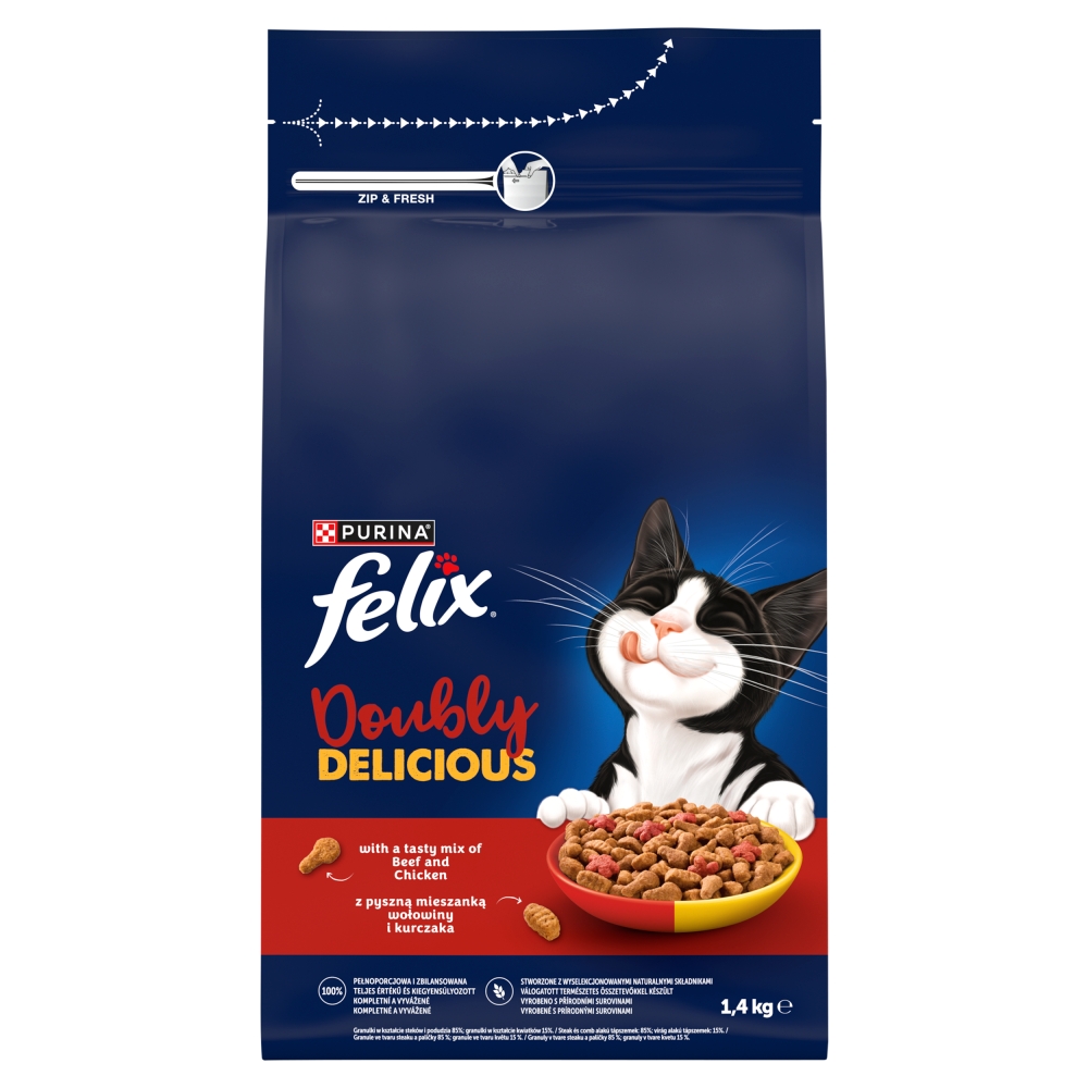 Purina Felix Doubly Delicious cu Vită și Pui, Sfeclă roșie- hrană uscată pentru pisici 1,4 kg