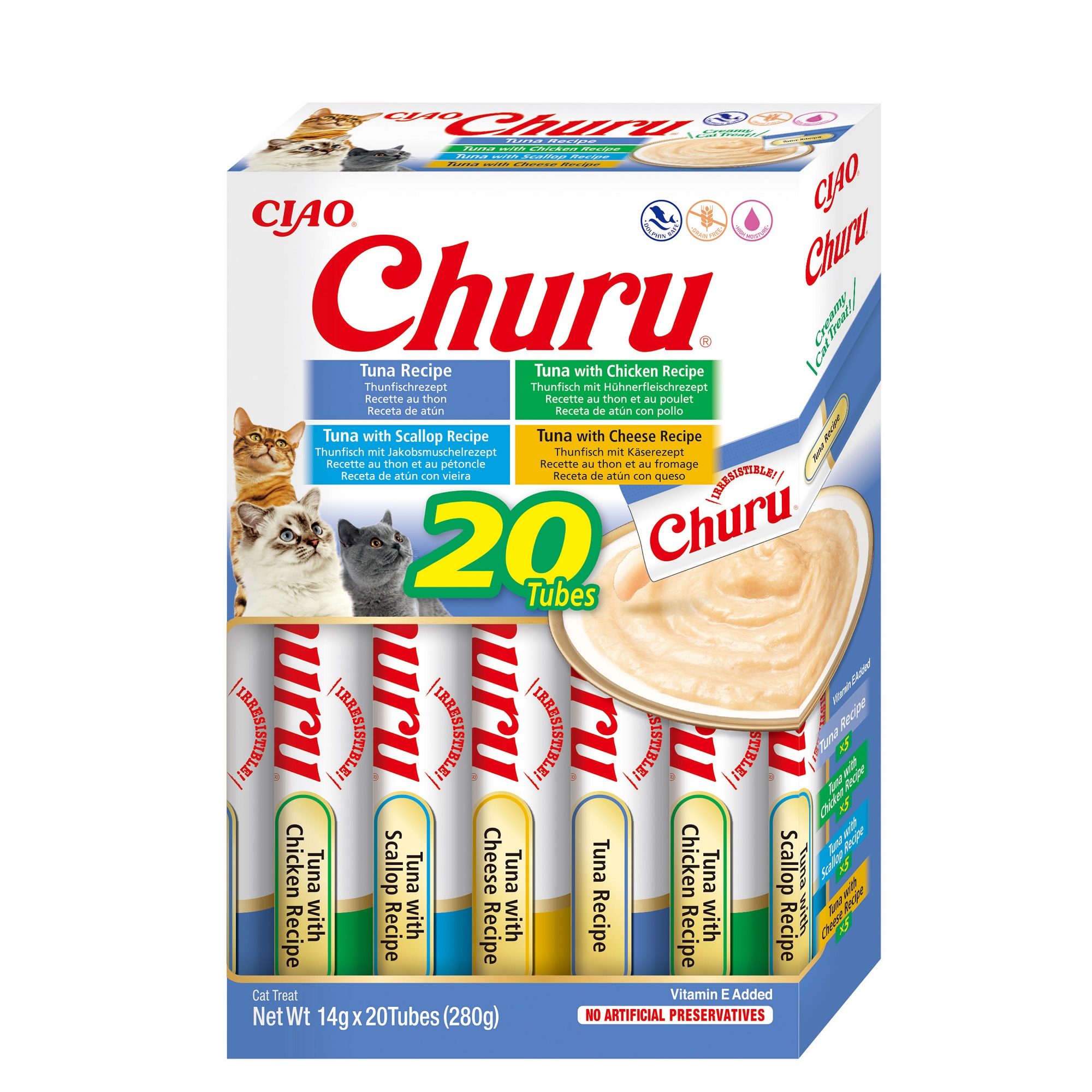 INABA Cat Ciao Churu - Thunfisch Vielfalt (Thunfisch, Huhn, Jakobsmuscheln, Käse) 20 x 14 g