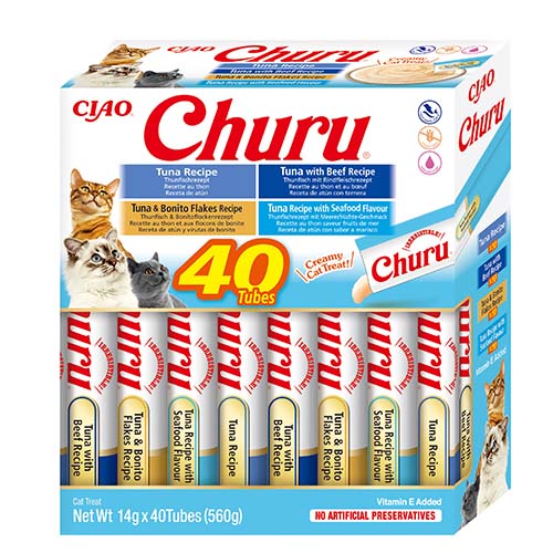 Inaba Cat Ciao Churu Kremowy przysmak dla kota - Mix z tuńczykiem (tuńczyk, wołowina, bonito, owoce morza) 40 x 14 g