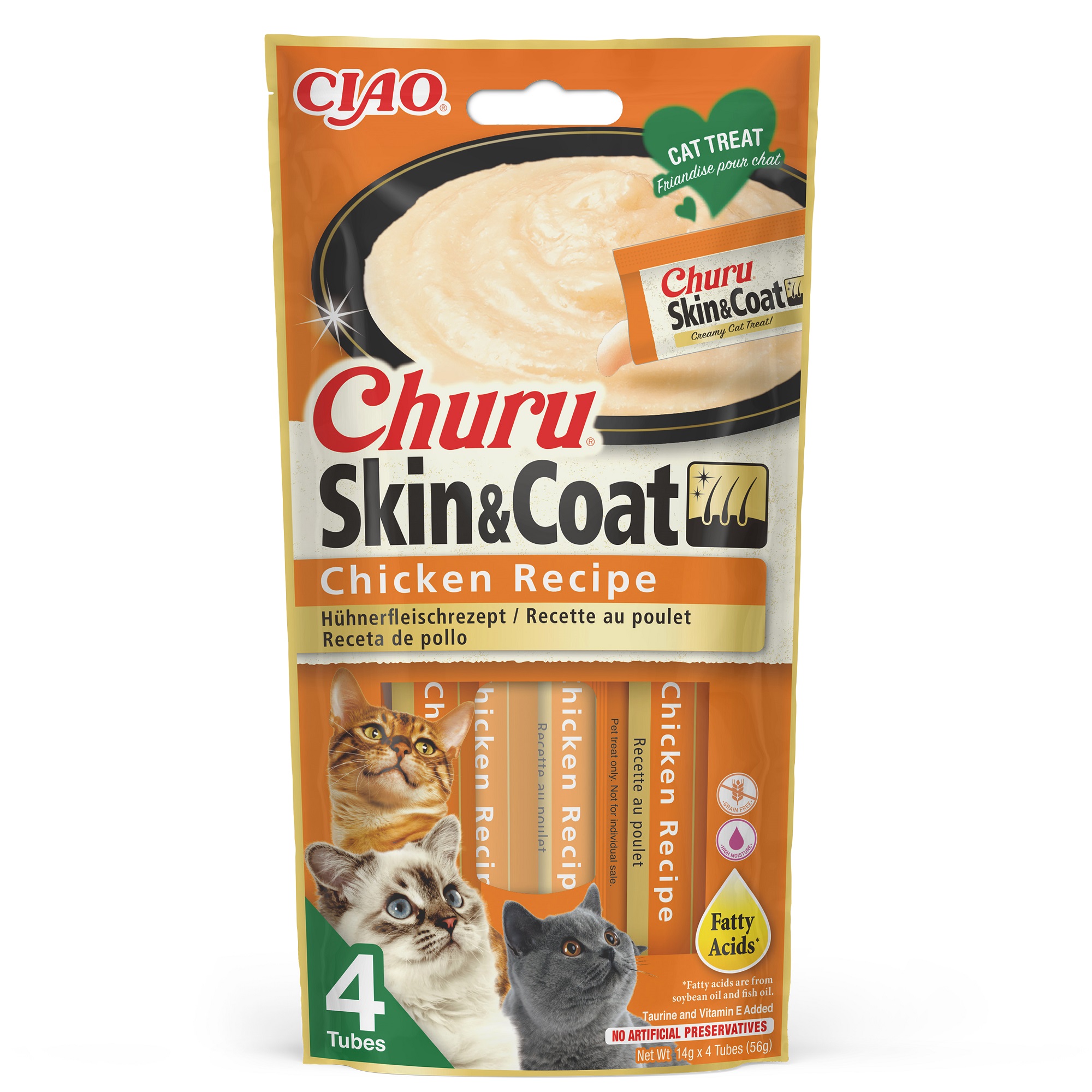 Inaba Cat Ciao Churu Skin & Coat krémes macskaeledel - csirke 4 x 14 g