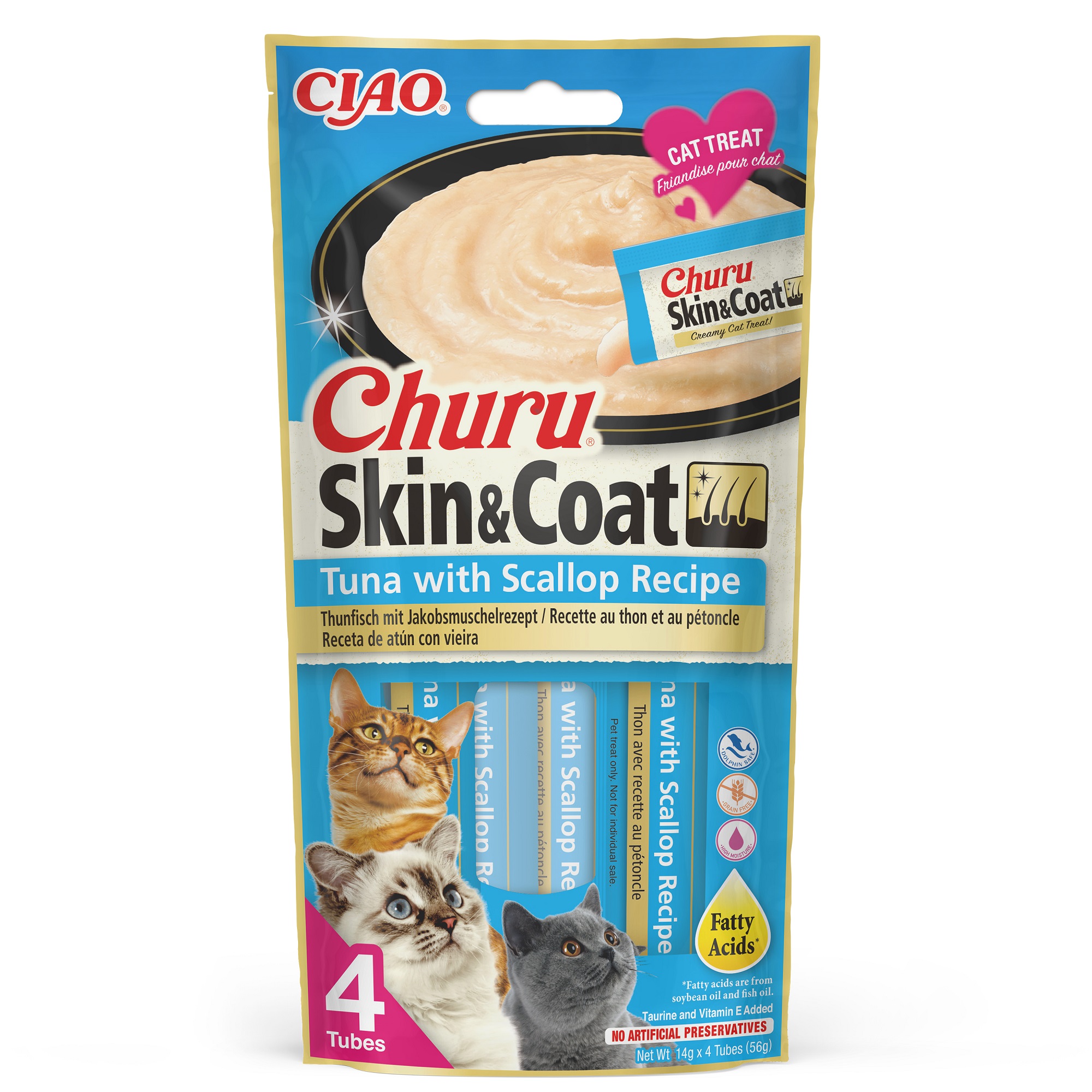 Inaba Cat Ciao Churu Skin & Coat kremasta hrana za mačke - tuna, jakobove kapice 4 x 14 g