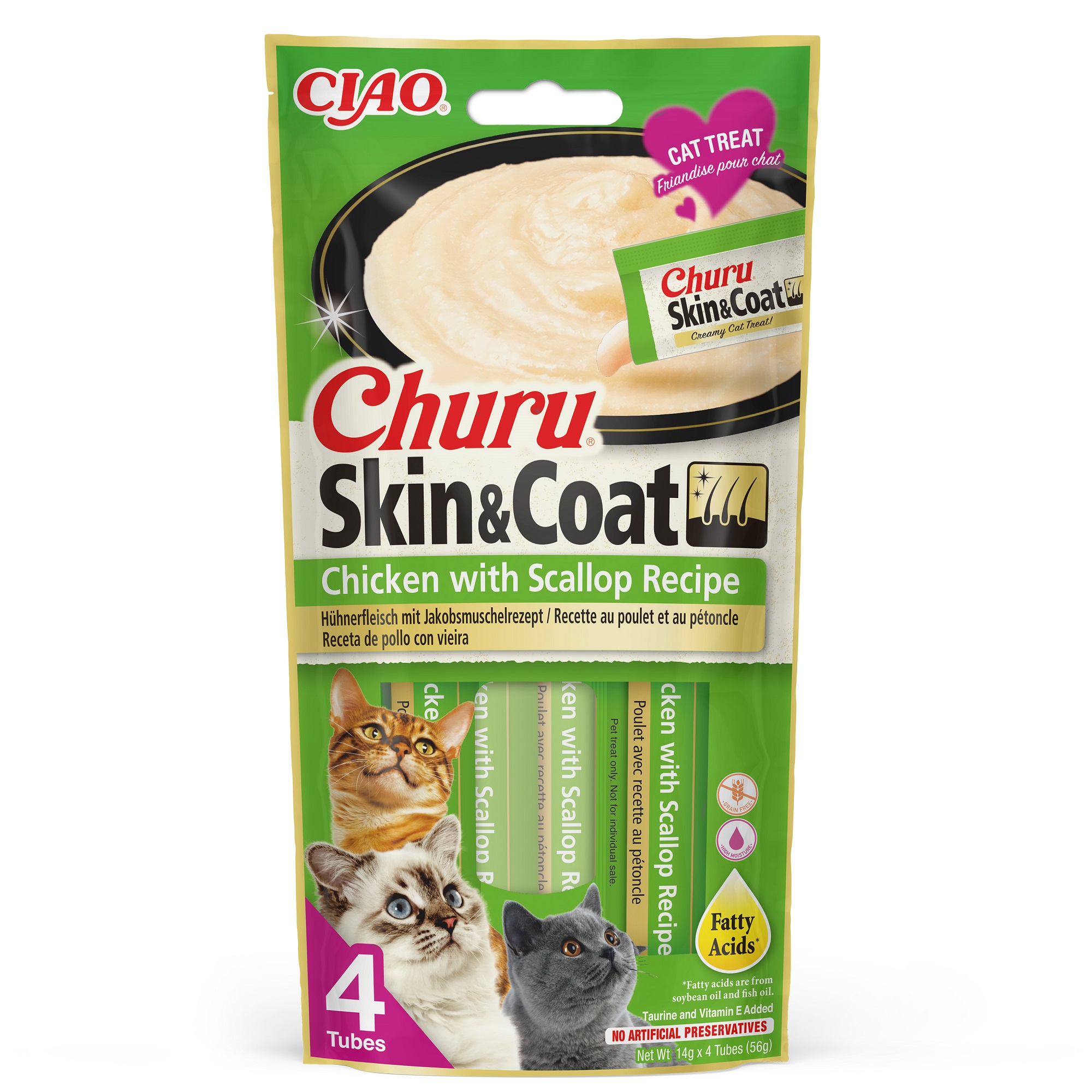 INABA Cat Ciao Churu Skin & Coat - Hühnerfleisch mit Jakobsmuschelrezept 4 x 14 g