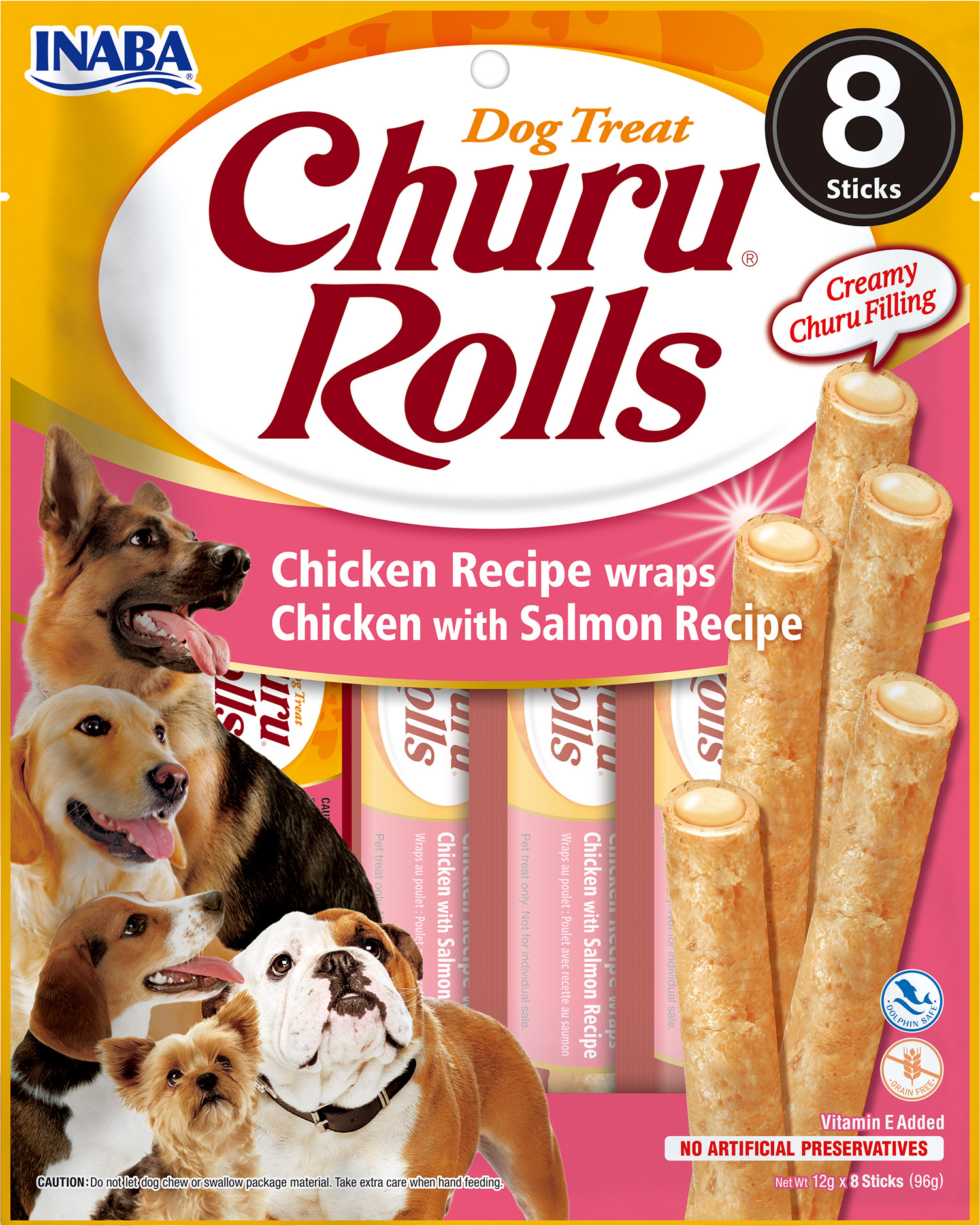 INABA Dog Churu Rolls - Hühnerfleisch mit Lachsrezept 8 x 12 g