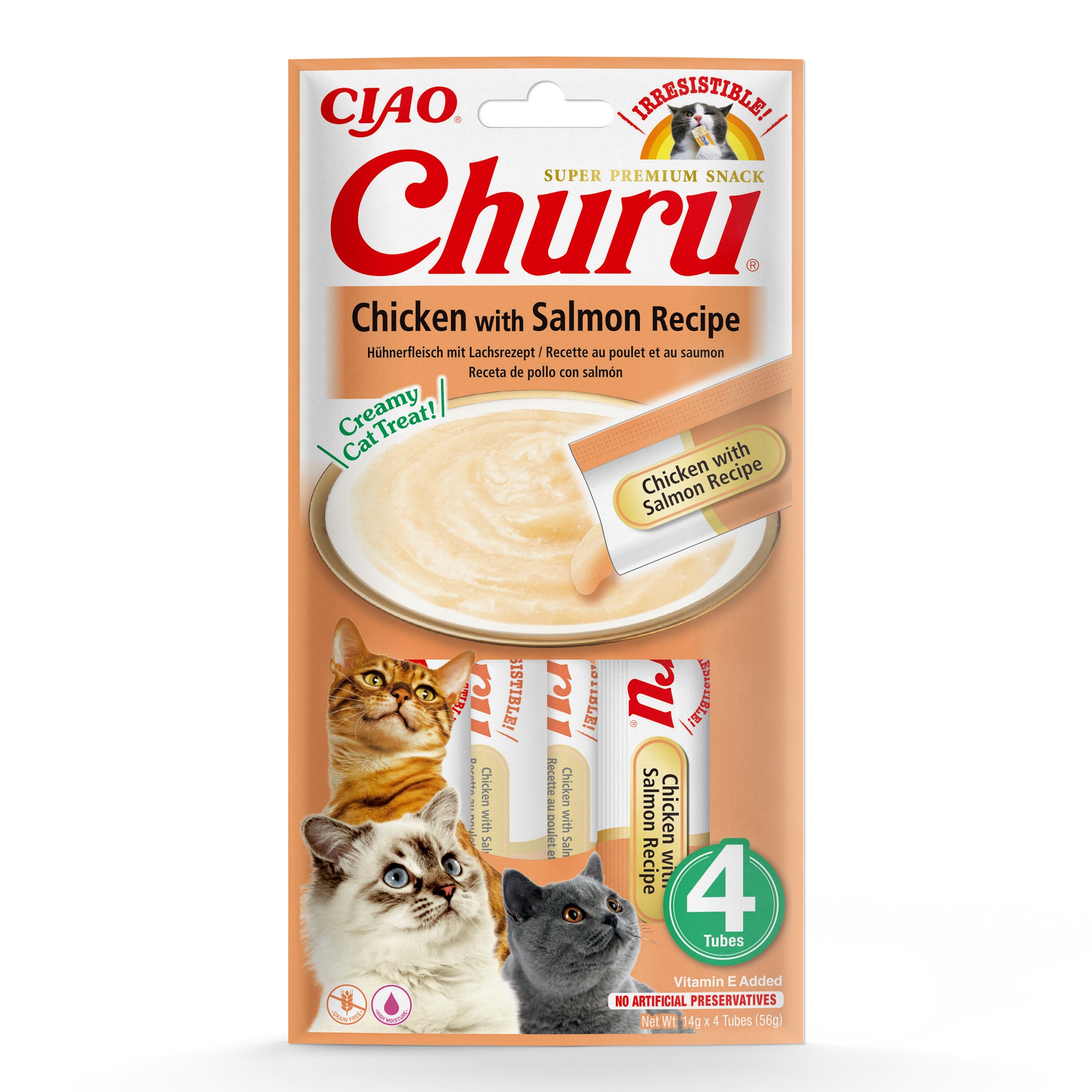 INABA Cat Ciao Churu - Hühnerfleischrezept mit Lachsrezept 4 x 14 g