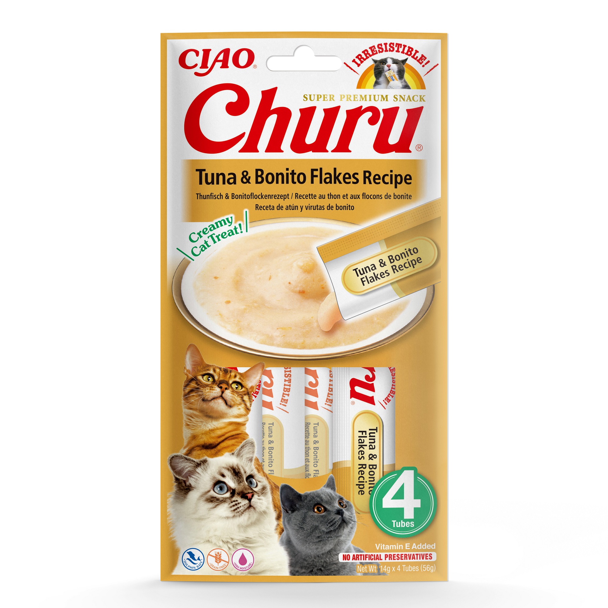 Inaba Cat Ciao Churu Kremowy przysmak dla kota - Tuńczyk, Bonito Flakes 4 x 14 g