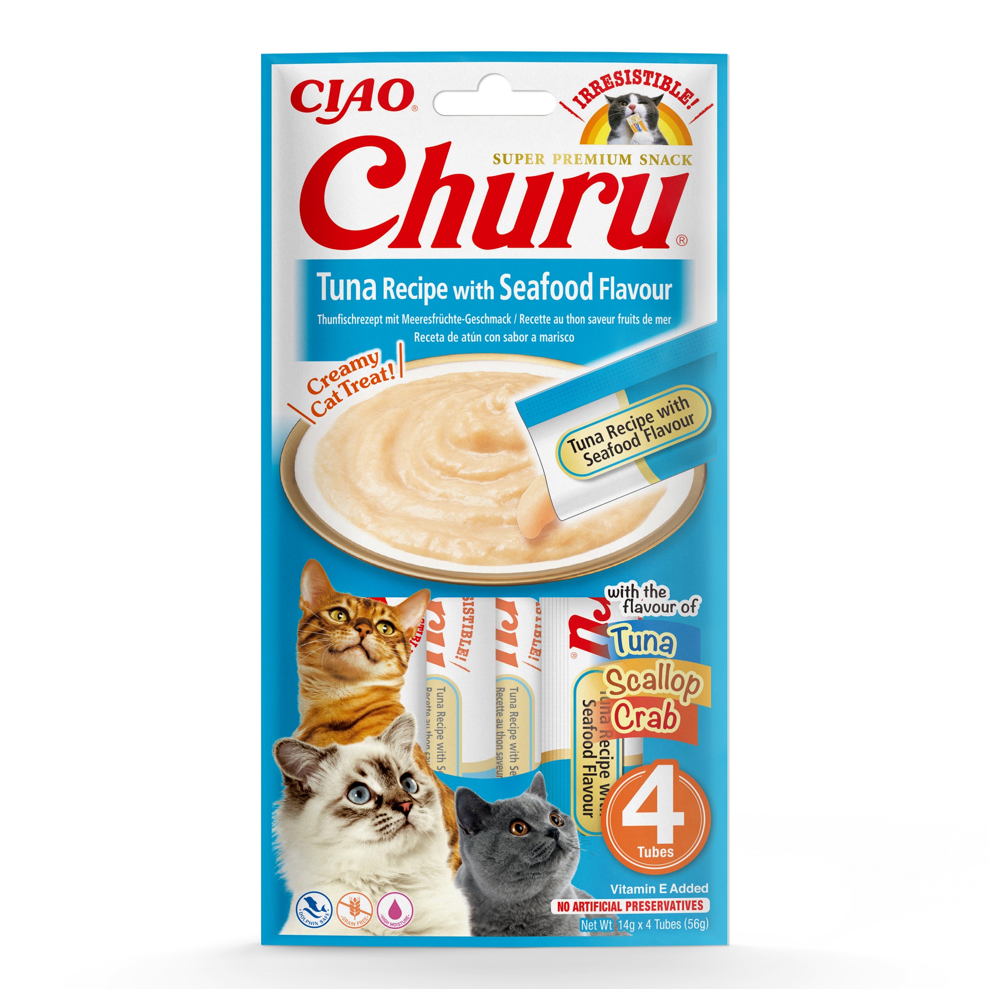 INABA Cat Ciao Churu - Thunfischrezept mit Meeresfrüchte-Geschmack 4 x 14 g