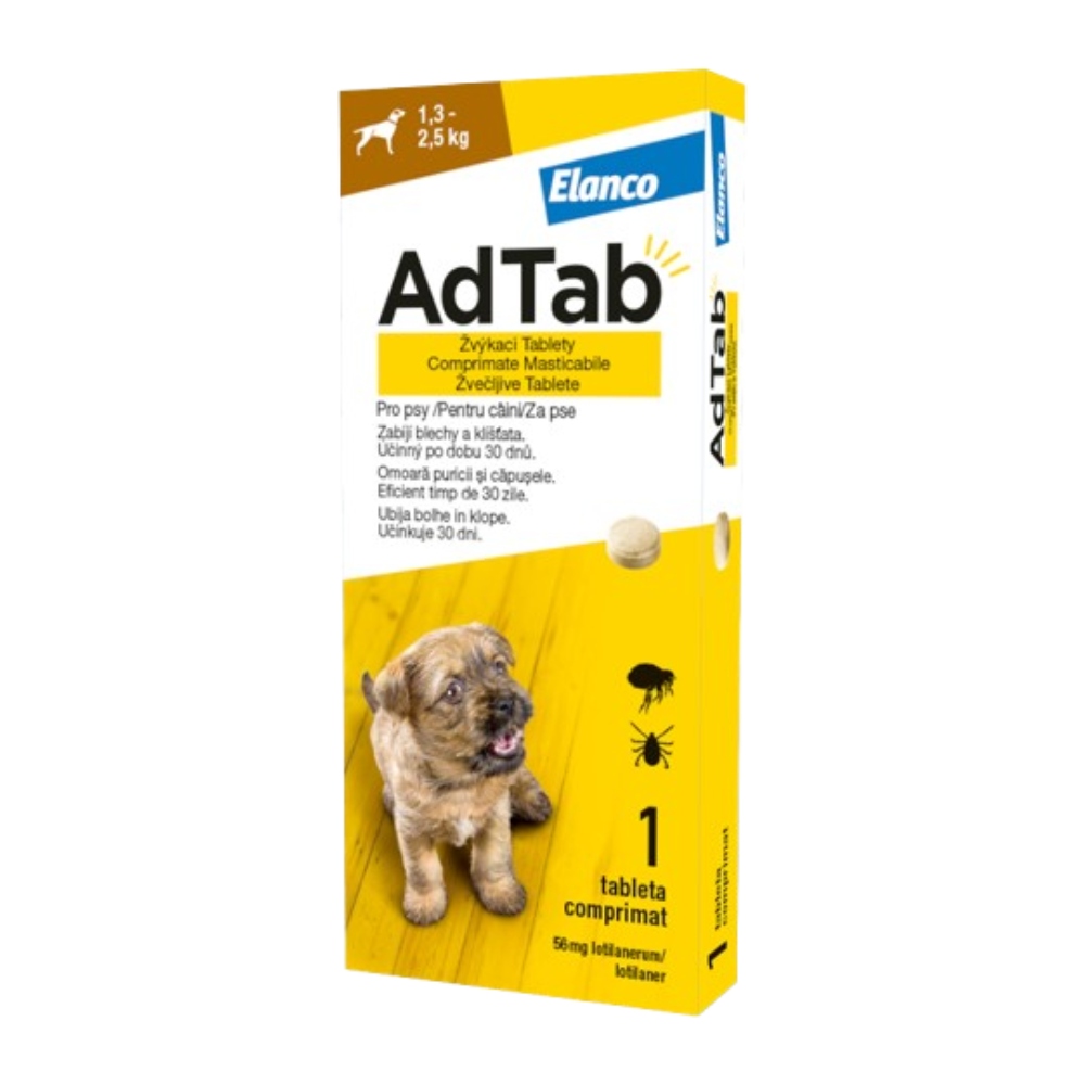 AdTab antiparazitare externă câini, comprimate masticabile 1,3-2,5 kg / 1 tabletă
