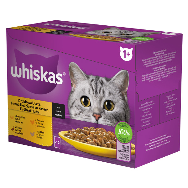 Whiskas alutasak 12 pack eledel macskák részére szárnyas válogatásban ízesítéssel 4 x (12 x 85 g)
