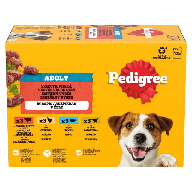 Pedigree Adult alutasakos válogatás aszpikban - marha májjal, csirke, hal, baromfi (9 + 3) x 100 g