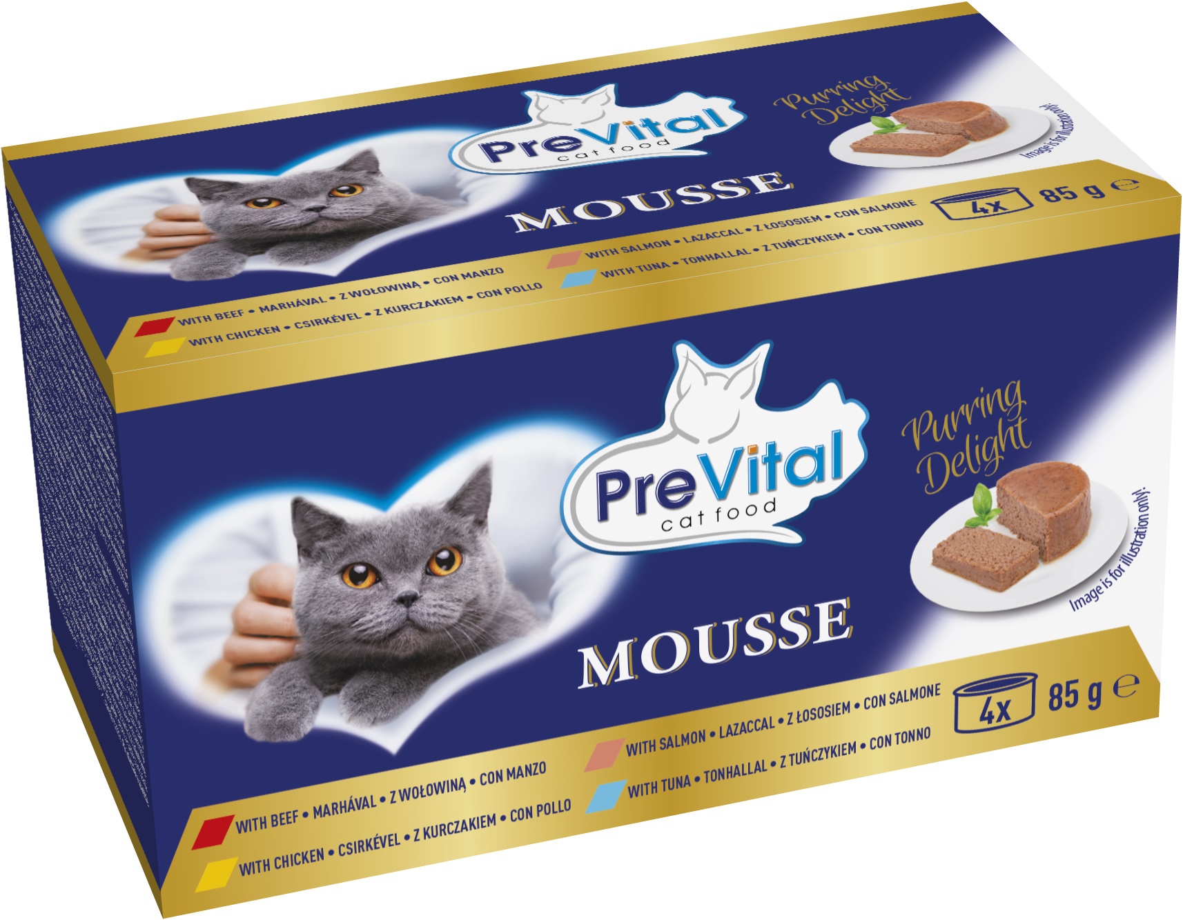 PreVital Mousse Adult výběr konzerv pro kočky - hovězí, kuřecí, tuňákové, lososové 4 x 85 g