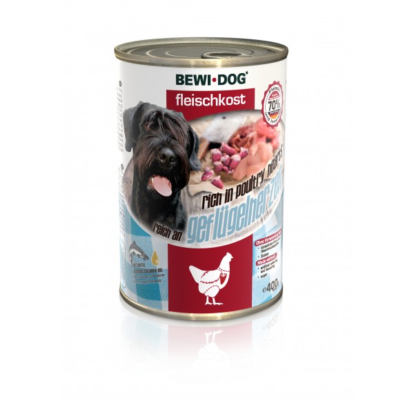 Bewi-Dog mokra hrana v pločevinki - bogata s perutninskimi srci 400 g