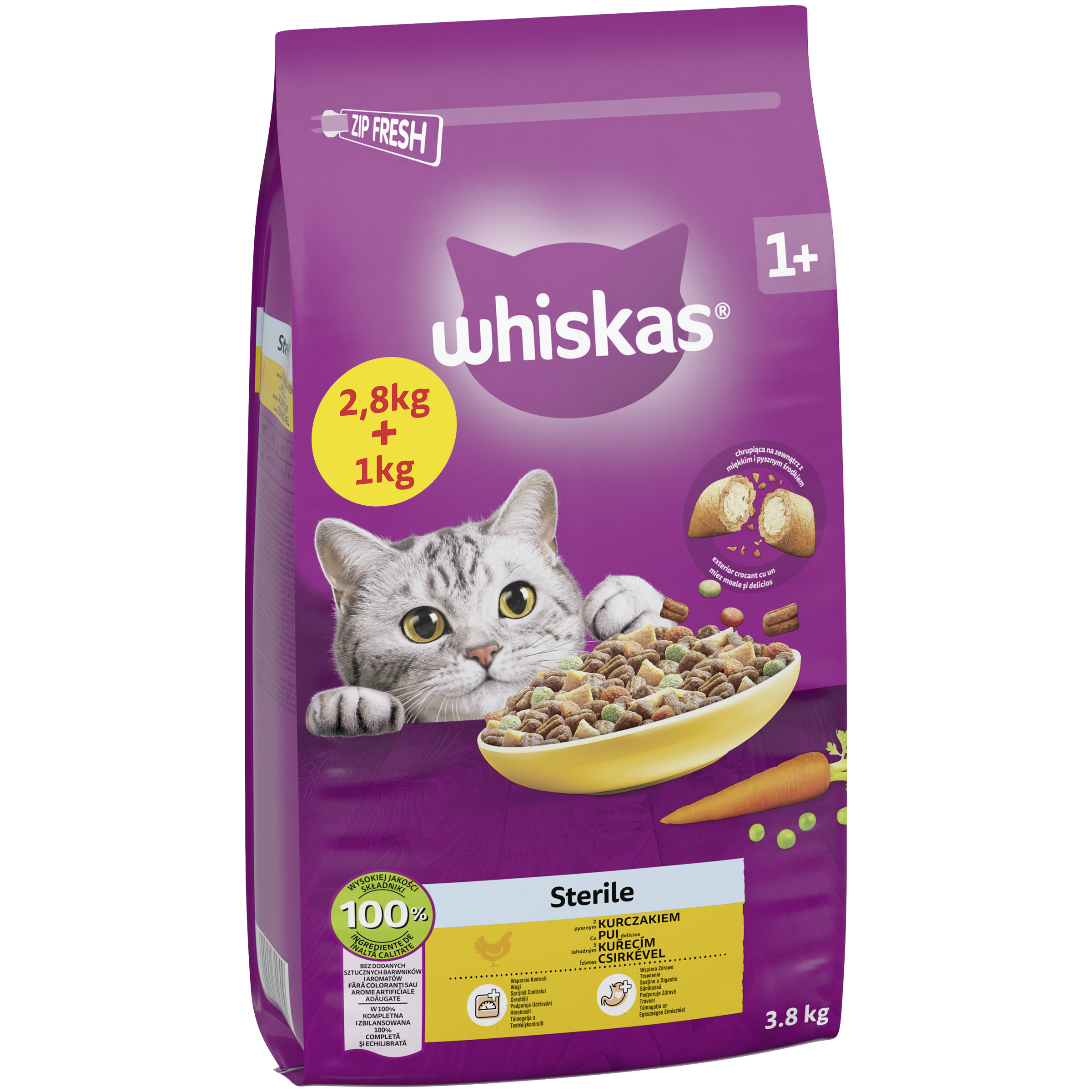 WHISKAS 1+ Sterile Trockenfutter mit Huhn 2,8 + 1 kg